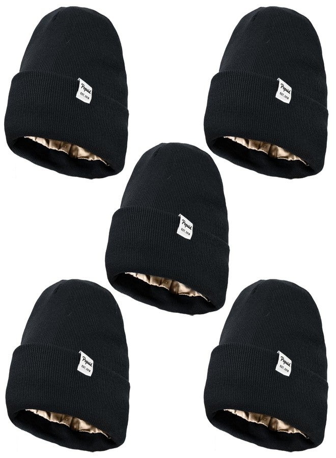 Popuid 5 Pack Satin Lined Beanie Knit Winter Hats for Men Women, Soft Warm Slouchy Silk Lining Cuffed Skull Cap (Black) - Image 1